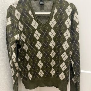 Olive and Cream Argyle V-Neck Grandpa Sweater